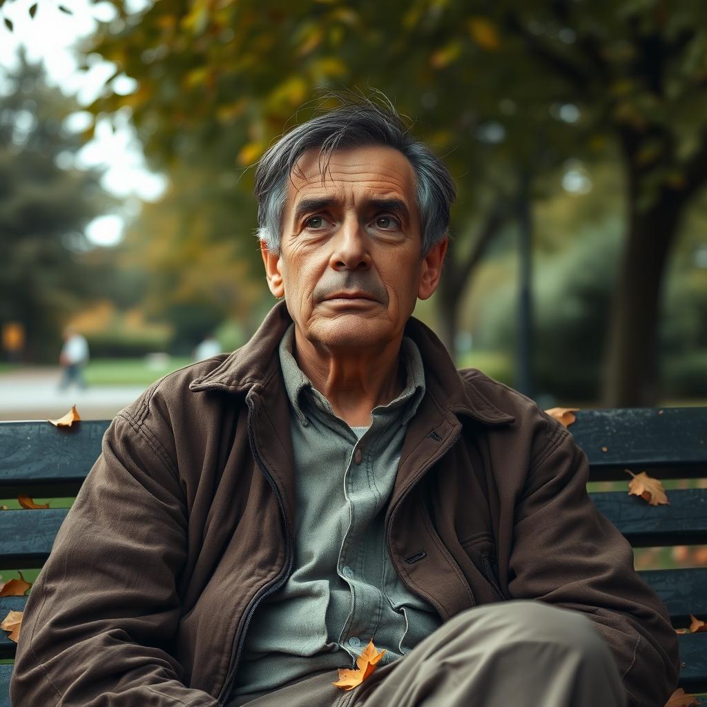 A portrait of a melancholic man sitting on a park bench, wearing worn-out clothes that suggest poverty