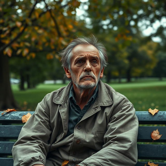 A portrait of a melancholic man sitting on a park bench, wearing worn-out clothes that suggest poverty