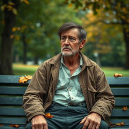 A portrait of a melancholic man sitting on a park bench, wearing worn-out clothes that suggest poverty