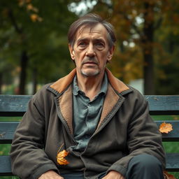 A portrait of a melancholic man sitting on a park bench, wearing worn-out clothes that suggest poverty
