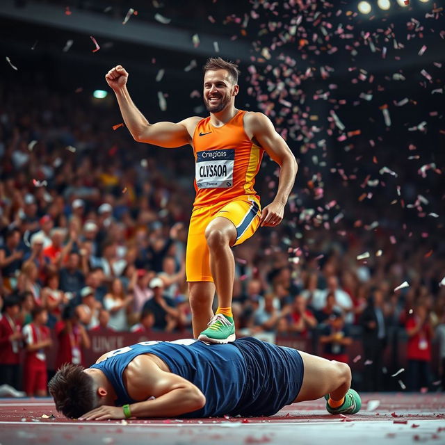 A victorious athlete standing triumphantly with one foot placed confidently on the chest of a fallen opponent in a dynamic, dramatic pose