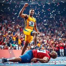 A victorious athlete standing triumphantly with one foot placed confidently on the chest of a fallen opponent in a dynamic, dramatic pose