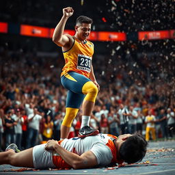 A victorious athlete standing triumphantly with one foot placed confidently on the chest of a fallen opponent in a dynamic, dramatic pose