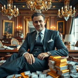 A wealthy man sitting in an opulent office, surrounded by piles of money and gold bars, with a luxurious desk and an elegant decor featuring chandeliers and fine art