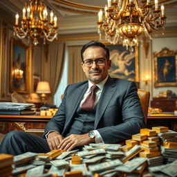 A wealthy man sitting in an opulent office, surrounded by piles of money and gold bars, with a luxurious desk and an elegant decor featuring chandeliers and fine art