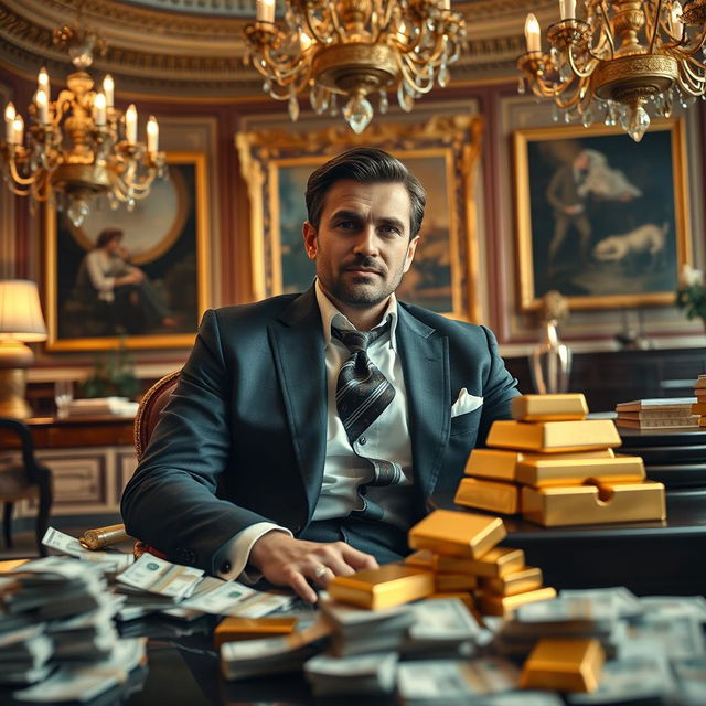 A wealthy man sitting in an opulent office, surrounded by piles of money and gold bars, with a luxurious desk and an elegant decor featuring chandeliers and fine art