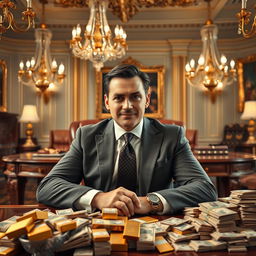 A wealthy man sitting in an opulent office, surrounded by piles of money and gold bars, with a luxurious desk and an elegant decor featuring chandeliers and fine art