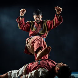 An intense scene depicting a victorious martial artist striking a triumphant pose with one foot firmly placed on the chest of a defeated opponent