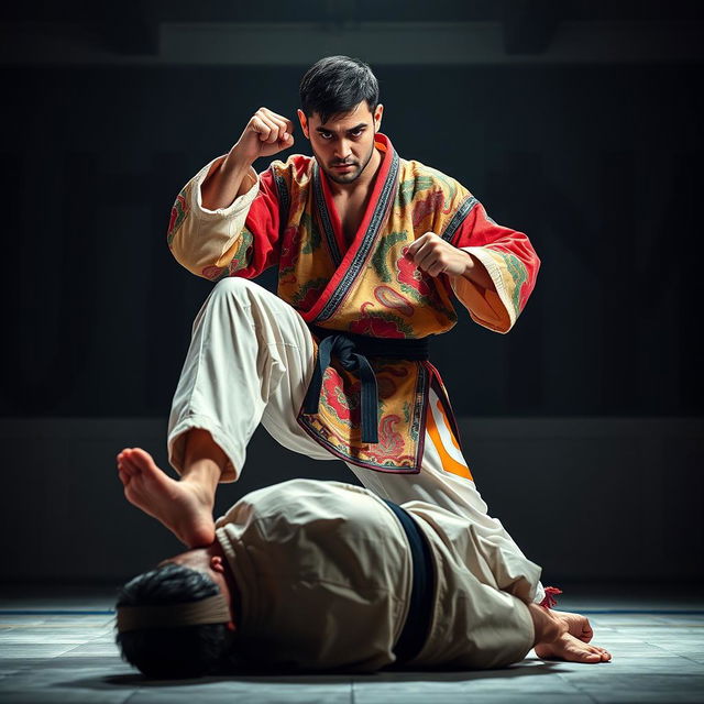 An intense scene depicting a victorious martial artist striking a triumphant pose with one foot firmly placed on the chest of a defeated opponent