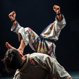 An intense scene depicting a victorious martial artist striking a triumphant pose with one foot firmly placed on the chest of a defeated opponent