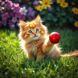 A playful orange cat with bright green eyes, sitting on a soft, grassy lawn, batting at a shiny red ball