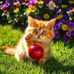 A playful orange cat with bright green eyes, sitting on a soft, grassy lawn, batting at a shiny red ball
