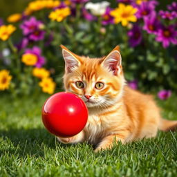 A playful orange cat with bright green eyes, sitting on a soft, grassy lawn, batting at a shiny red ball