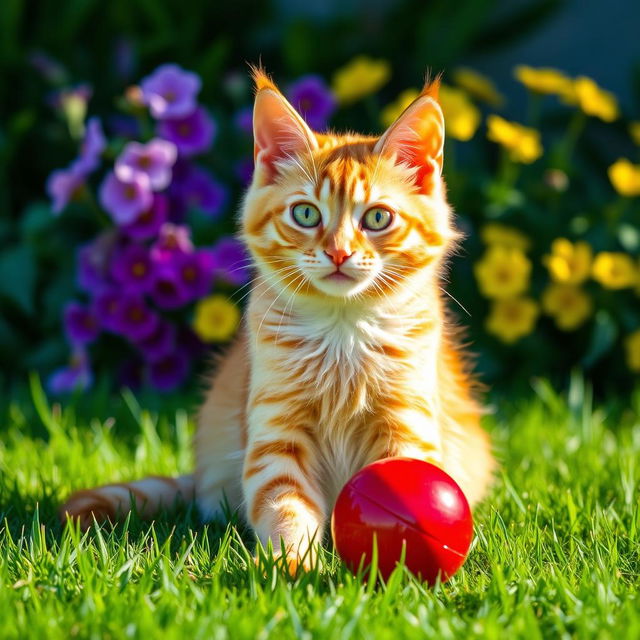 A playful orange cat with bright green eyes, sitting on a soft, grassy lawn, batting at a shiny red ball