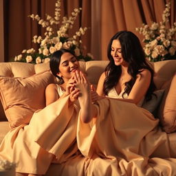An intimate and romantic scene depicting a couple in a soft, elegant atmosphere