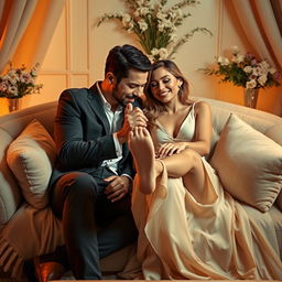An intimate and romantic scene depicting a couple in a soft, elegant atmosphere
