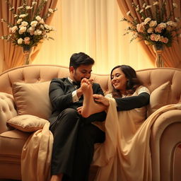 An intimate and romantic scene depicting a couple in a soft, elegant atmosphere