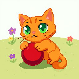 An adorable pixel art depiction of an orange cat with big, expressive green eyes, playfully interacting with a bright red ball