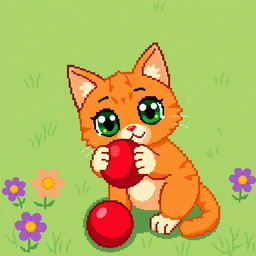 An adorable pixel art depiction of an orange cat with big, expressive green eyes, playfully interacting with a bright red ball