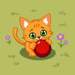 An adorable pixel art depiction of an orange cat with big, expressive green eyes, playfully interacting with a bright red ball
