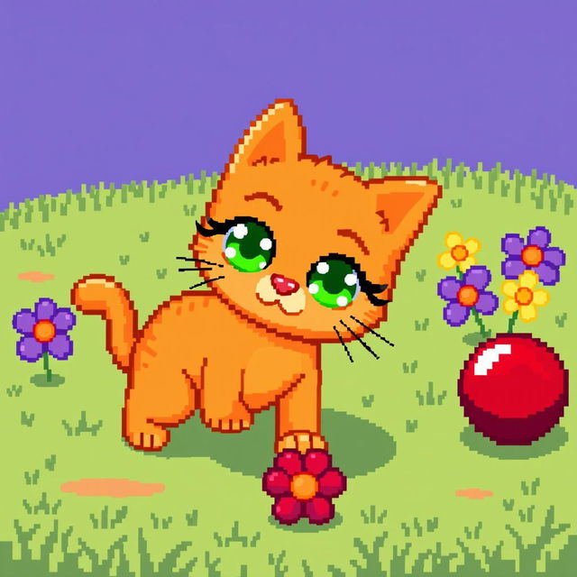 An adorable pixel art depiction of an orange cat with big, expressive green eyes, playfully interacting with a bright red ball