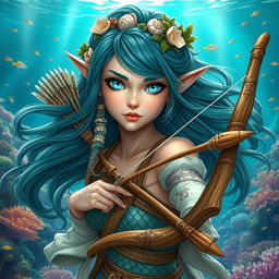 A stunning female aquatic elf ranger, depicted with flowing teal hair adorned with seashells and aquatic plants