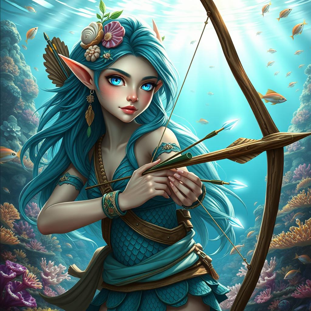 A stunning female aquatic elf ranger, depicted with flowing teal hair adorned with seashells and aquatic plants