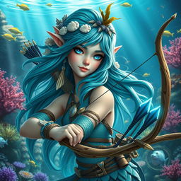 A stunning female aquatic elf ranger, depicted with flowing teal hair adorned with seashells and aquatic plants