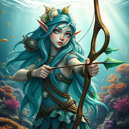 A stunning female aquatic elf ranger, depicted with flowing teal hair adorned with seashells and aquatic plants