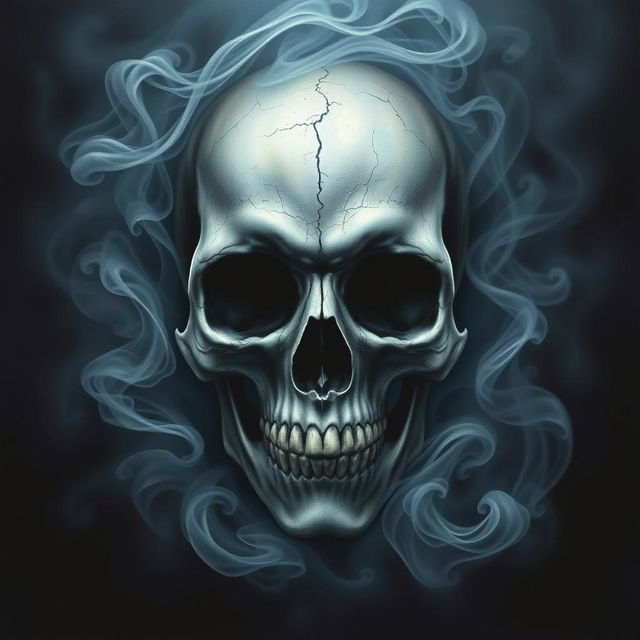 A detailed airbrush painting of a skull surrounded by ethereal smoke