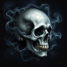 A detailed airbrush painting of a skull surrounded by ethereal smoke