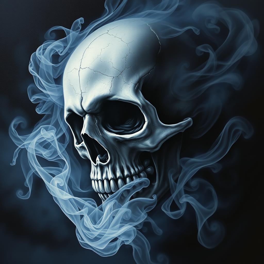 A detailed airbrush painting of a skull surrounded by ethereal smoke