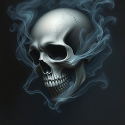 A detailed airbrush painting of a skull surrounded by ethereal smoke