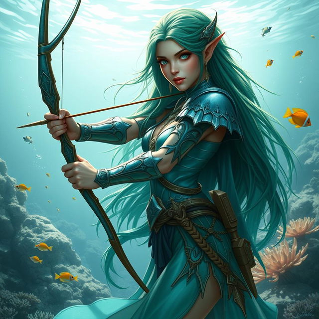 An aquatic elf ranger, showcasing elegant features and a graceful stature, wielding a finely crafted longbow