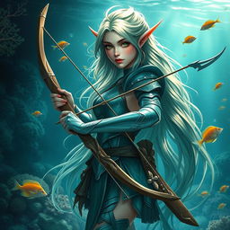 An aquatic elf ranger, showcasing elegant features and a graceful stature, wielding a finely crafted longbow