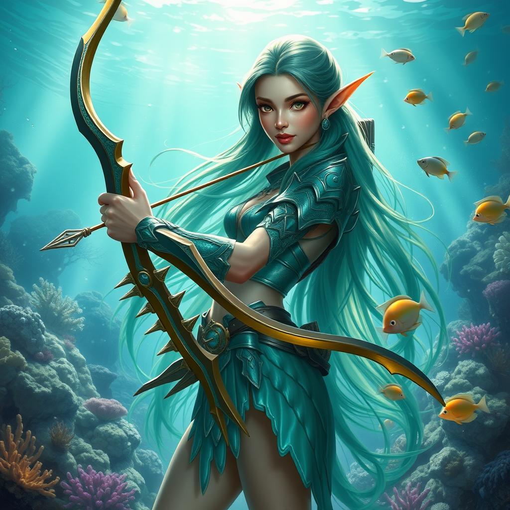 An aquatic elf ranger, showcasing elegant features and a graceful stature, wielding a finely crafted longbow