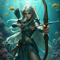 An aquatic elf ranger, showcasing elegant features and a graceful stature, wielding a finely crafted longbow