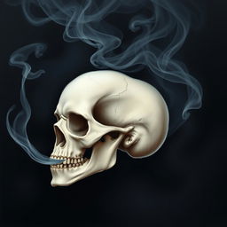 A highly detailed airbrush illustration of a human skull exhaling smoke, with wisps of smoke curling elegantly in the air