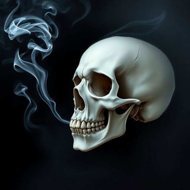 A highly detailed airbrush illustration of a human skull exhaling smoke, with wisps of smoke curling elegantly in the air