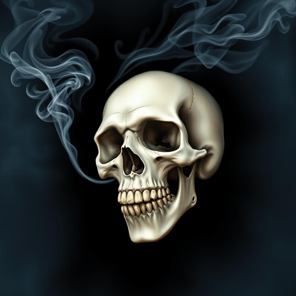 A highly detailed airbrush illustration of a human skull exhaling smoke, with wisps of smoke curling elegantly in the air