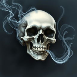 A highly detailed airbrush illustration of a human skull exhaling smoke, with wisps of smoke curling elegantly in the air