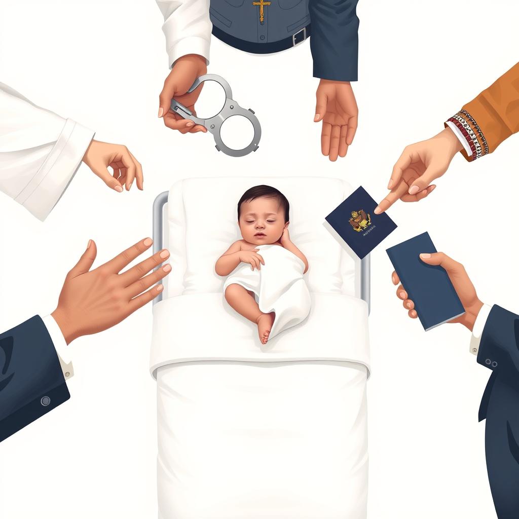An artistic conceptual illustration of societal determinism, featuring a newborn baby resting peacefully on a standard hospital bed at the center