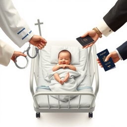 An artistic conceptual illustration of societal determinism, featuring a newborn baby resting peacefully on a standard hospital bed at the center