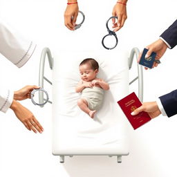 An artistic conceptual illustration of societal determinism, featuring a newborn baby resting peacefully on a standard hospital bed at the center