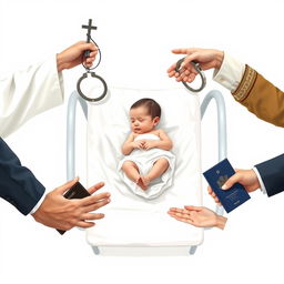 An artistic conceptual illustration of societal determinism, featuring a newborn baby resting peacefully on a standard hospital bed at the center