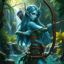 A stunning female aquatic elf ranger with striking light blue skin, gracefully poised with a longbow, surrounded by a lush ancient forest