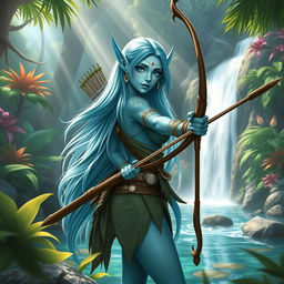 A stunning female aquatic elf ranger with striking light blue skin, gracefully poised with a longbow, surrounded by a lush ancient forest