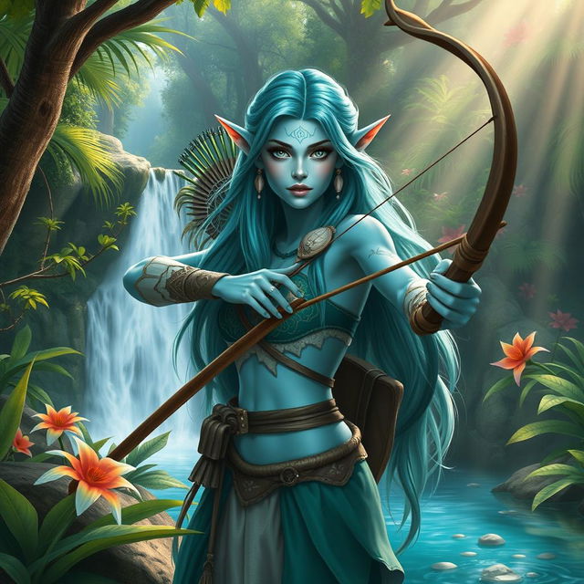 A stunning female aquatic elf ranger with striking light blue skin, gracefully poised with a longbow, surrounded by a lush ancient forest