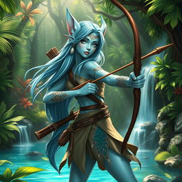 A stunning female aquatic elf ranger with striking light blue skin, gracefully poised with a longbow, surrounded by a lush ancient forest