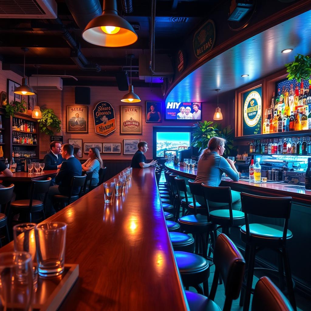 A vibrant bar interior with a warm, inviting atmosphere